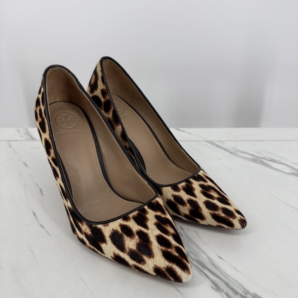 Tory Burch Elana Leopard Animal Print Leather Pumps Heels Calf Hair Chic 6.5